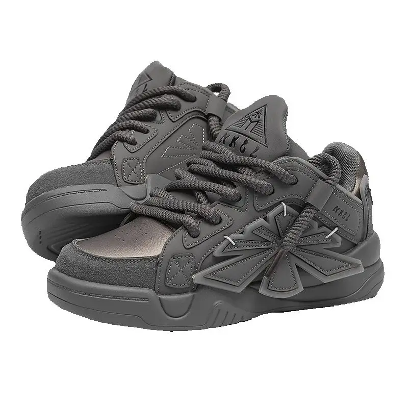 

Trendy Grey High-Top Sneakers with Floral Detail & Triangle Logo, Streetwear Casual Shoes for Men/Women