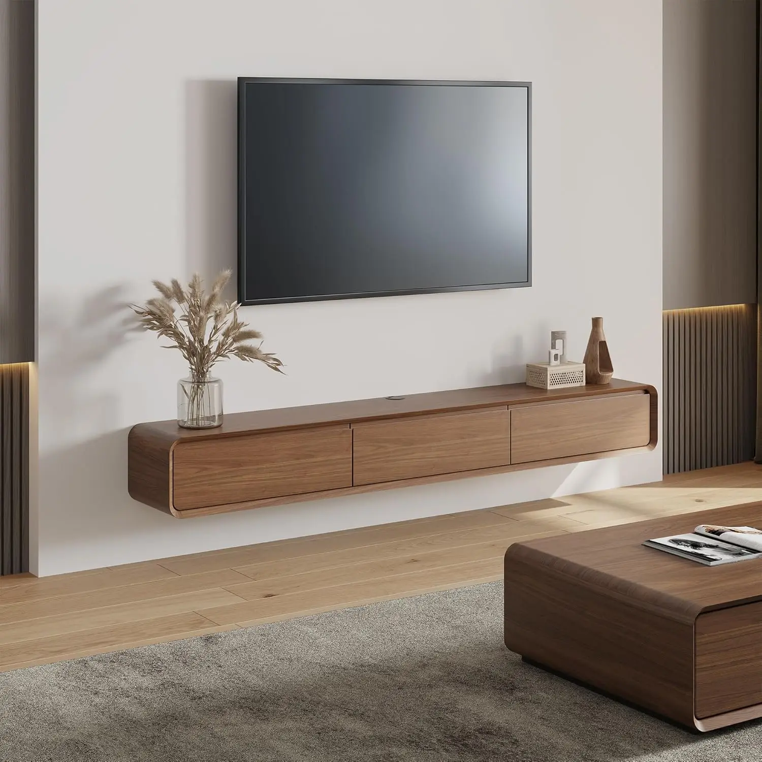 Minimalist Floating TV Stand Modern Wall-Mounted Entertainment Center with 3 Drawers Solid Wood Fully-Assembled