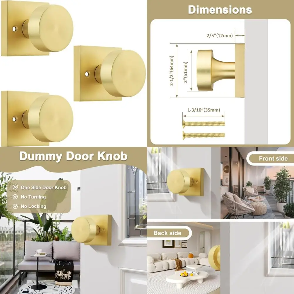 

6-Pack Interior Square Half Dummy Door Knobs for Closets, Gold Finish, One Side Mounting, Premium Quality Door Handles