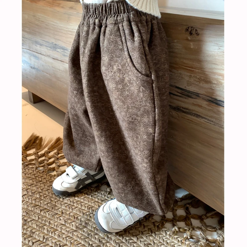 Children Brown Fleece Pants 2024 Autumn Winter New Girl Retro Floral Print Flower Bouquet Foot Pants Casual Korean Simple Style