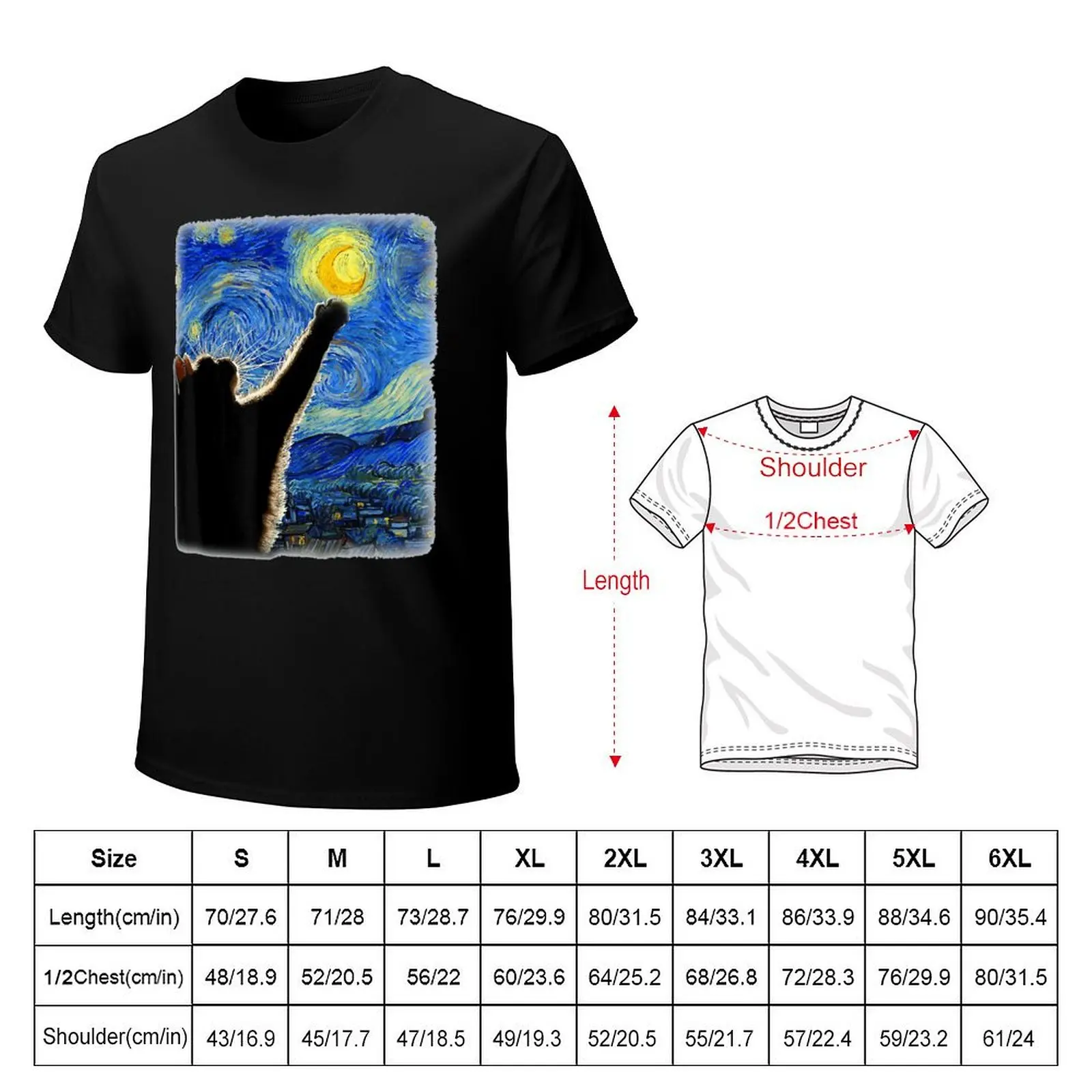 Round Neck Starry Night Cat Van Gogh Cat Cat Lover T-shirt  Move Tshirt Unique Funny Novelty Home USA Size image 3