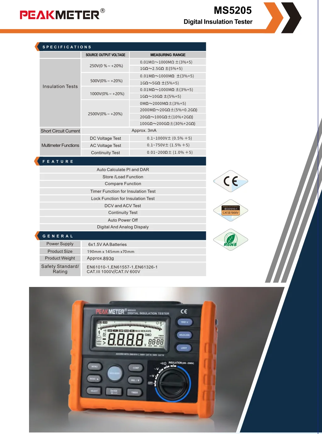 Peakmeter MS5205 2500V Digital Insulation Resistance Tester Digital Multimeter Auto Power Off Auto Calculate PI And DAR