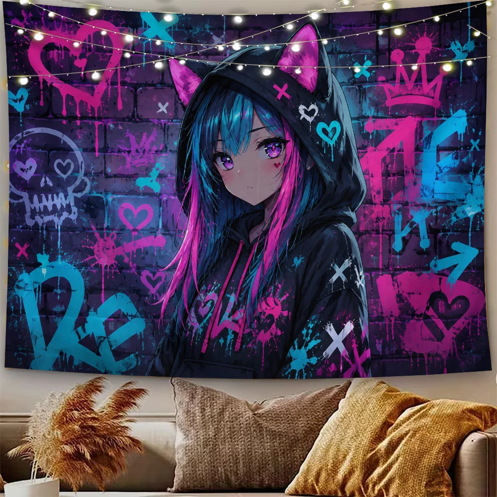 2D Flat 1pc Girl with Cat Ear Tapestry Wall Hanging, Kawaii Horizontal Graffiti Street Art Poster, Fabric Backdrop, Party Banner