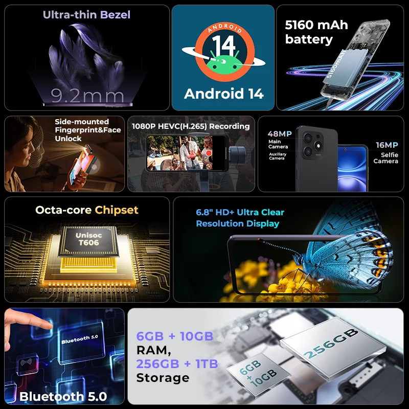 HOTWAV Note 13 Max هاتف محمول أندرويد 14 6.8 بوصة HD + 16(6 + 10) جيجابايت 256 جيجابايت هاتف محمول 48 ميجابكسل 5160 مللي أمبير 9.2 مللي متر هاتف ذكي فائق النحافة