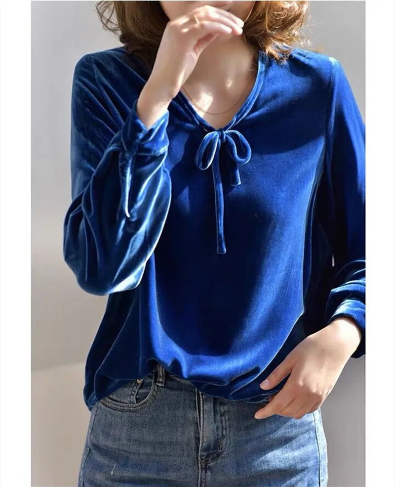 2024 Spring Loose Casual Solid Color Women Long Sleeve lace up velvet Blouses Autunm Tops Wholeslae Womens Velour Shirt 