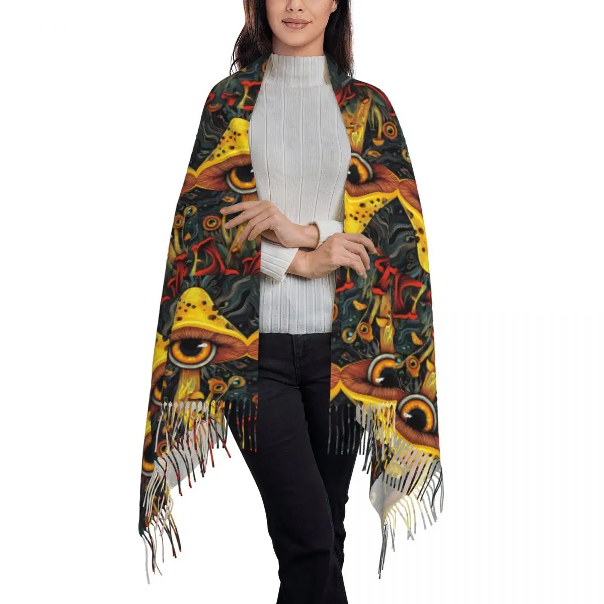 Bufanda con estampado de hongos psicodélicos, bufandas con flecos para mujer, chales y abrigos suaves y cálidos, chaleco largo para otoño e invierno.