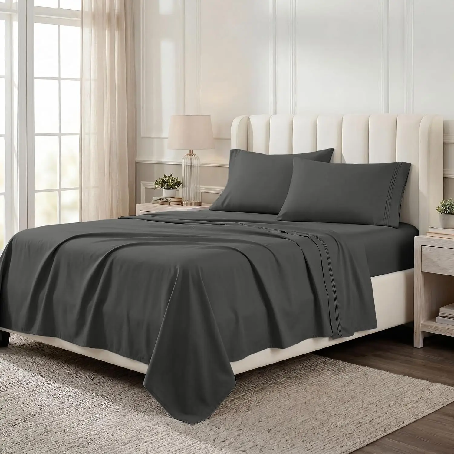 Egyptian Cotton 4 Piece Sheet Set, Luxury 1000 Thread Count, Modern Design, Sustainable Sheets, Ultra-Soft Basics, Solid, Deep P