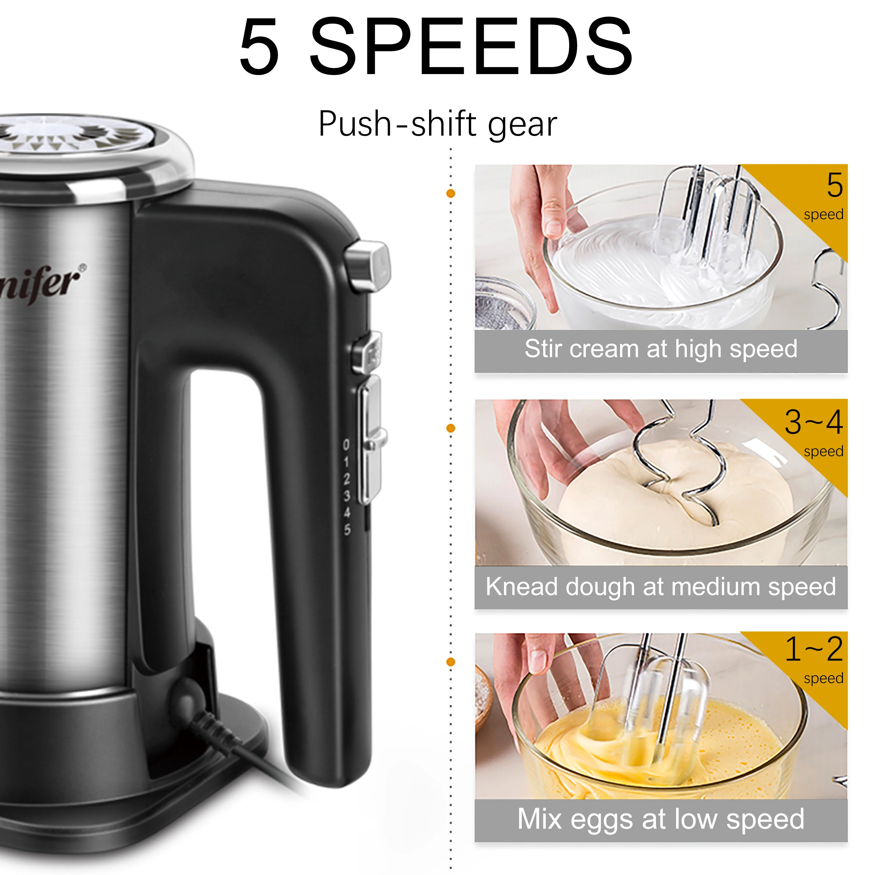 5 Speeds Food Mixer Electric Cuisine  Kitchen Blender With Dough Hooks Chrome Egg Beater Hand Mixer Machine For Bakery Sonifer