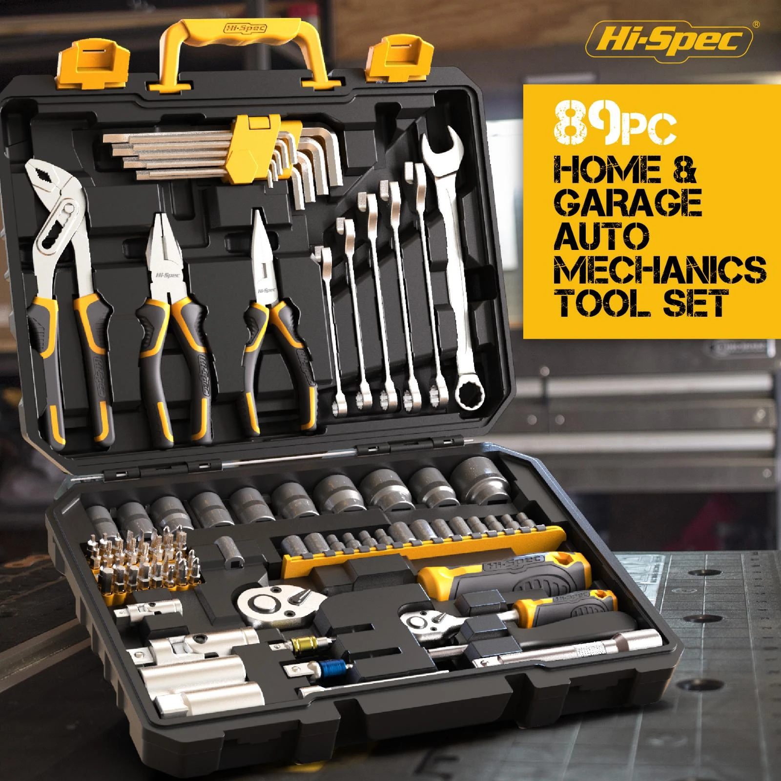 Hi-Spec 89pc Garage Auto Mechanicstool Set Deep Socket Wrench Drill Adapter Extention Bars Universal Joints For Home Repairing