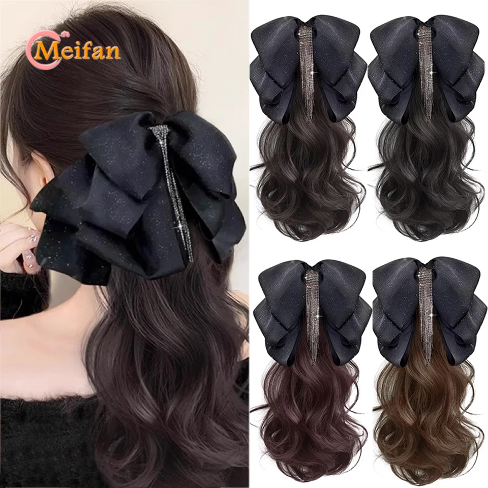 

MEIFAN Synthetic Tassel Bowknot Claw Clip Ponytail Long Slightly Curly Hair Clip in Hairtail Extension Natural False Ponytail