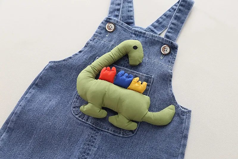 Spring Autumn New Baby Boys Clothing Sets Cartoon Dinosaur Long Sleeve Sweatshirt + Denim Jumpsuit Rompers Kids Casual Clothes