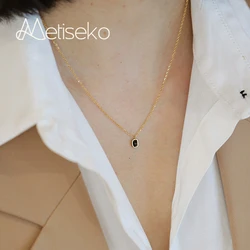 Metiseko 925 Sterling Silver Choker Necklace Chain with Simulated Black Agate Pendant Simple Necklace for Women