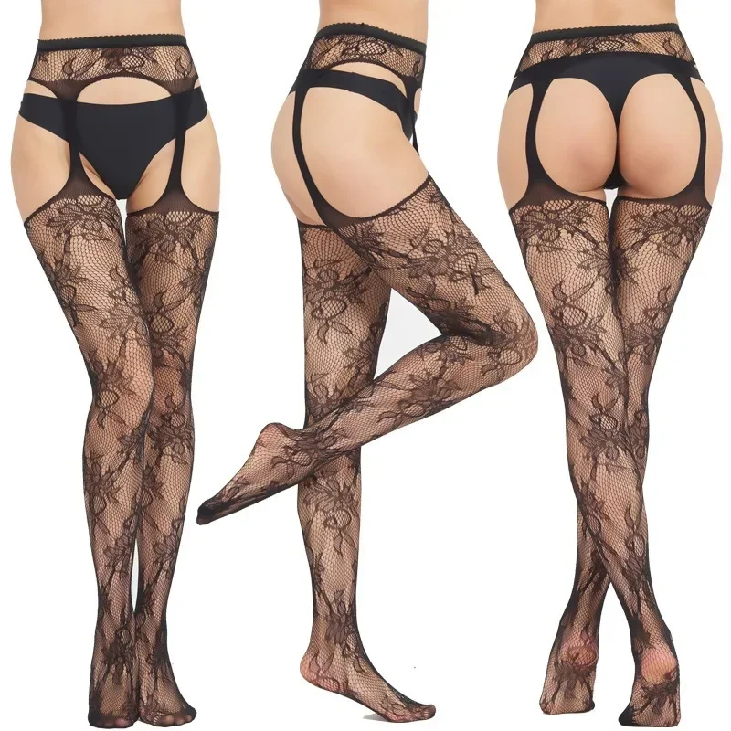 Black Mesh Stockings Sexy Underwear Jacquard Fishnet Pantyhose Transparent Tights Japanese JK Socks Women's Thigh High Stockings