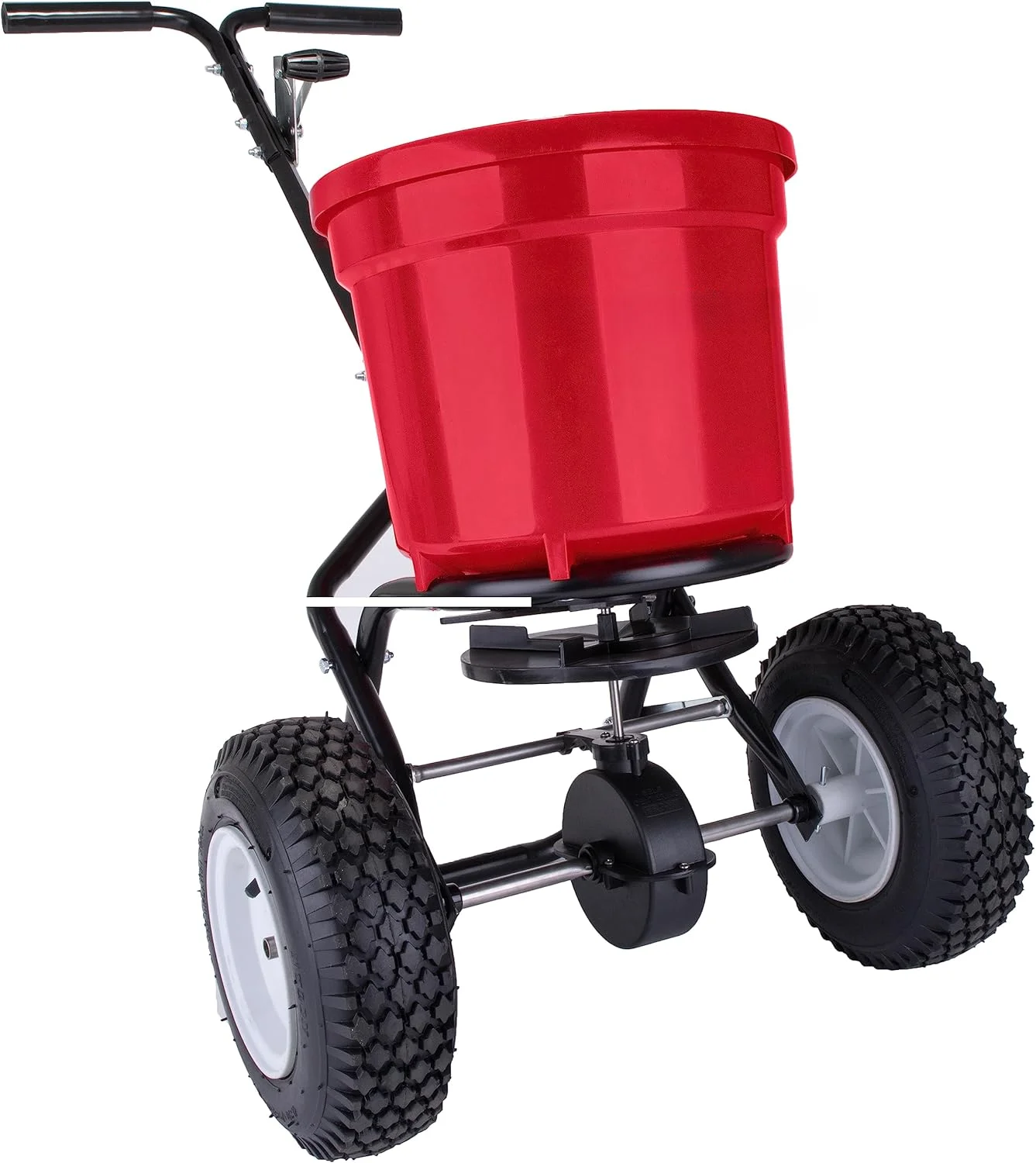 

Commercial Broadcast Fertilizer Spreader. Red, Heavy-Duty Walk-Behind Push Garden Seeder with Adjustable Drop Rate