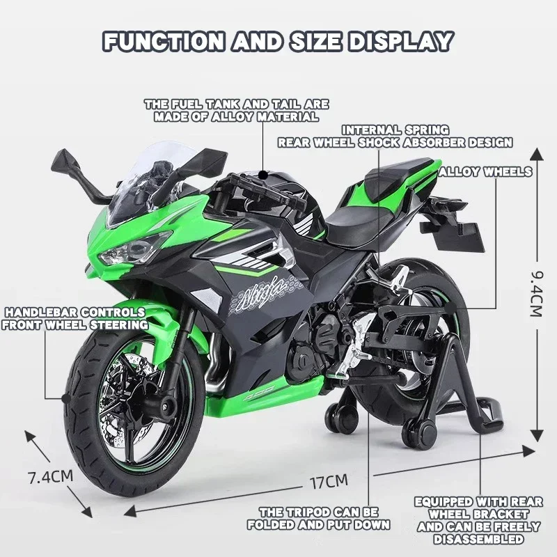 1/12 Ninja 400 aleación Diecast motocicleta modelo colección de vehículos sonido y luz todoterreno Autocycle modelo de coche de juguete