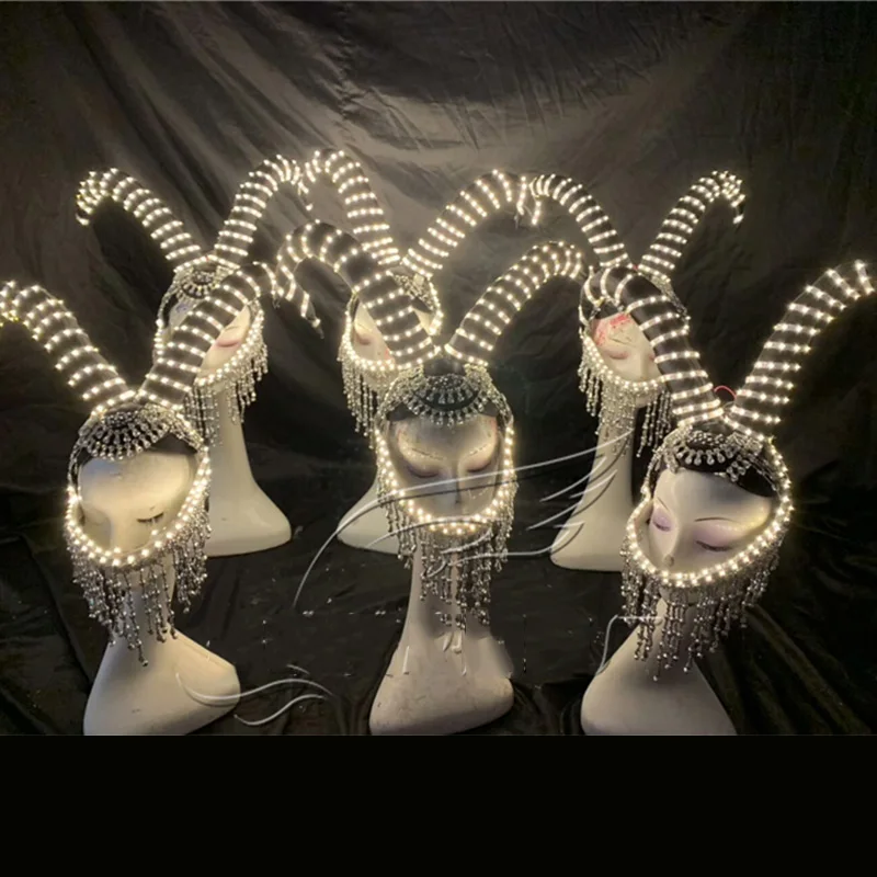 Stage Performance Wear Female Singer Props Male And Women Models Nightclub Bar Catwalk Show LED Luminous Horns Headdress