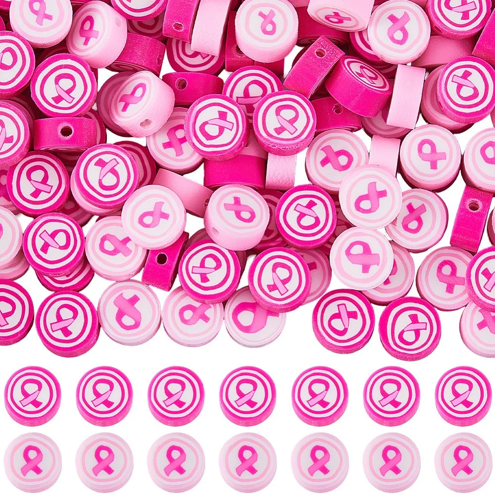 

200Pcs 2 Colors Handmade Polymer Clay Beads Flat Round with Breast Cancer Pink Awareness Ribbon Mixed Color 9x4~4.5mm