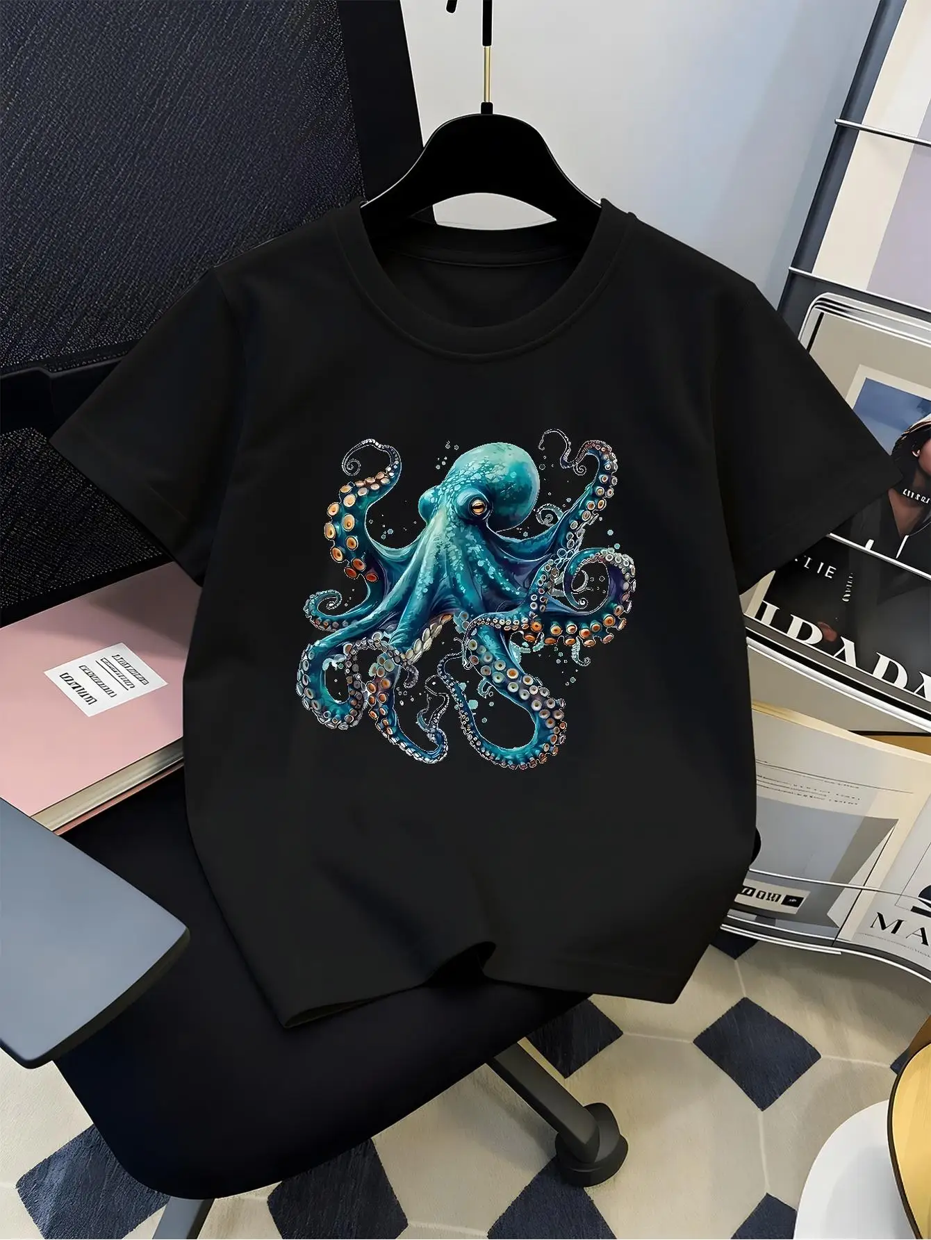 Teal Blue Octopus Ocean Marine Life Art Graphic Print Family Matching Short Sleeve Tee Boys Girls Kids Summer Casual Tops