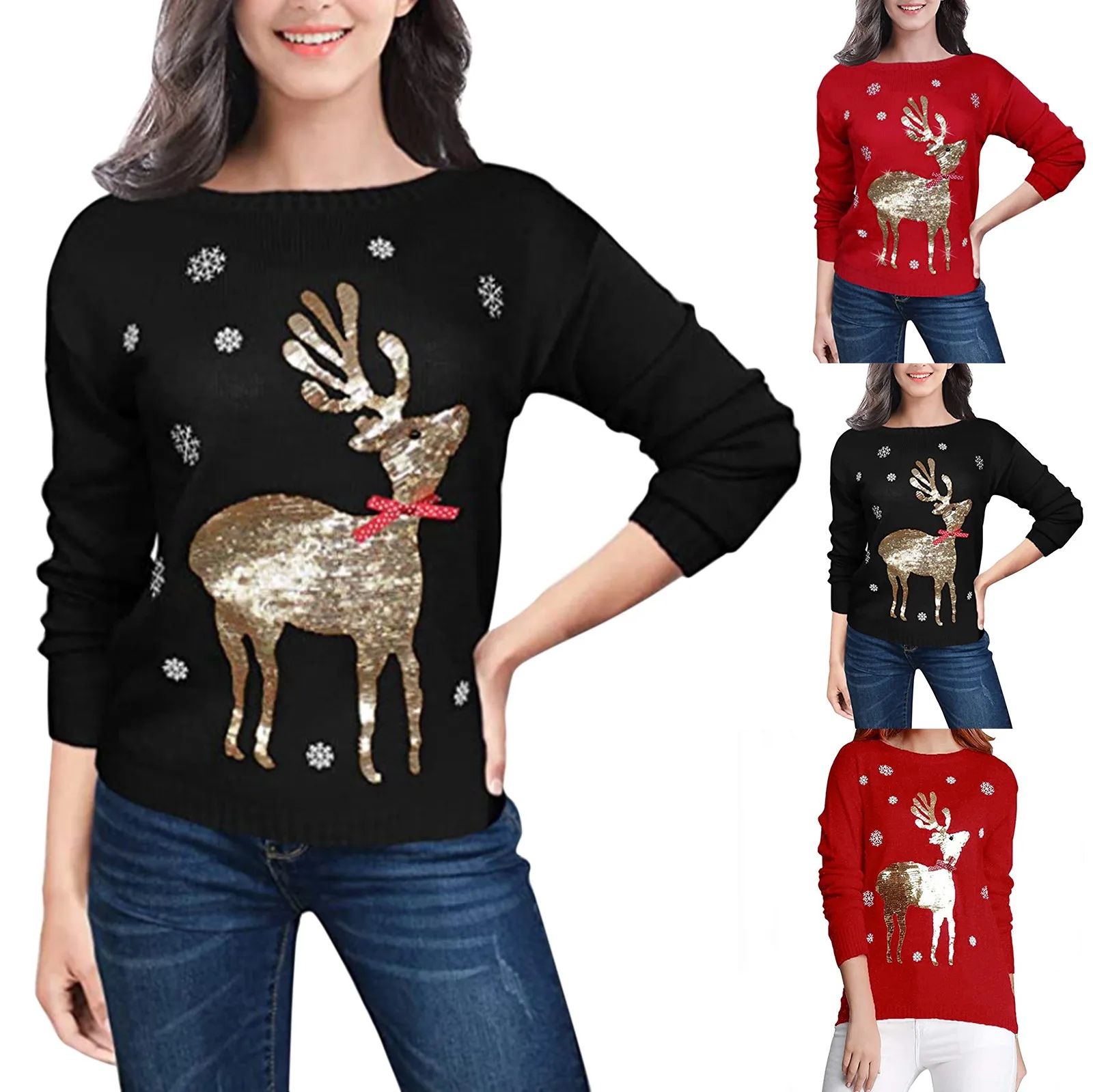 

Winter Christmas Sweater Vintage Elegant Tops Ladies Round Neck Elk Animal Snow Printed Long Sleeve Street Fashion Sweater