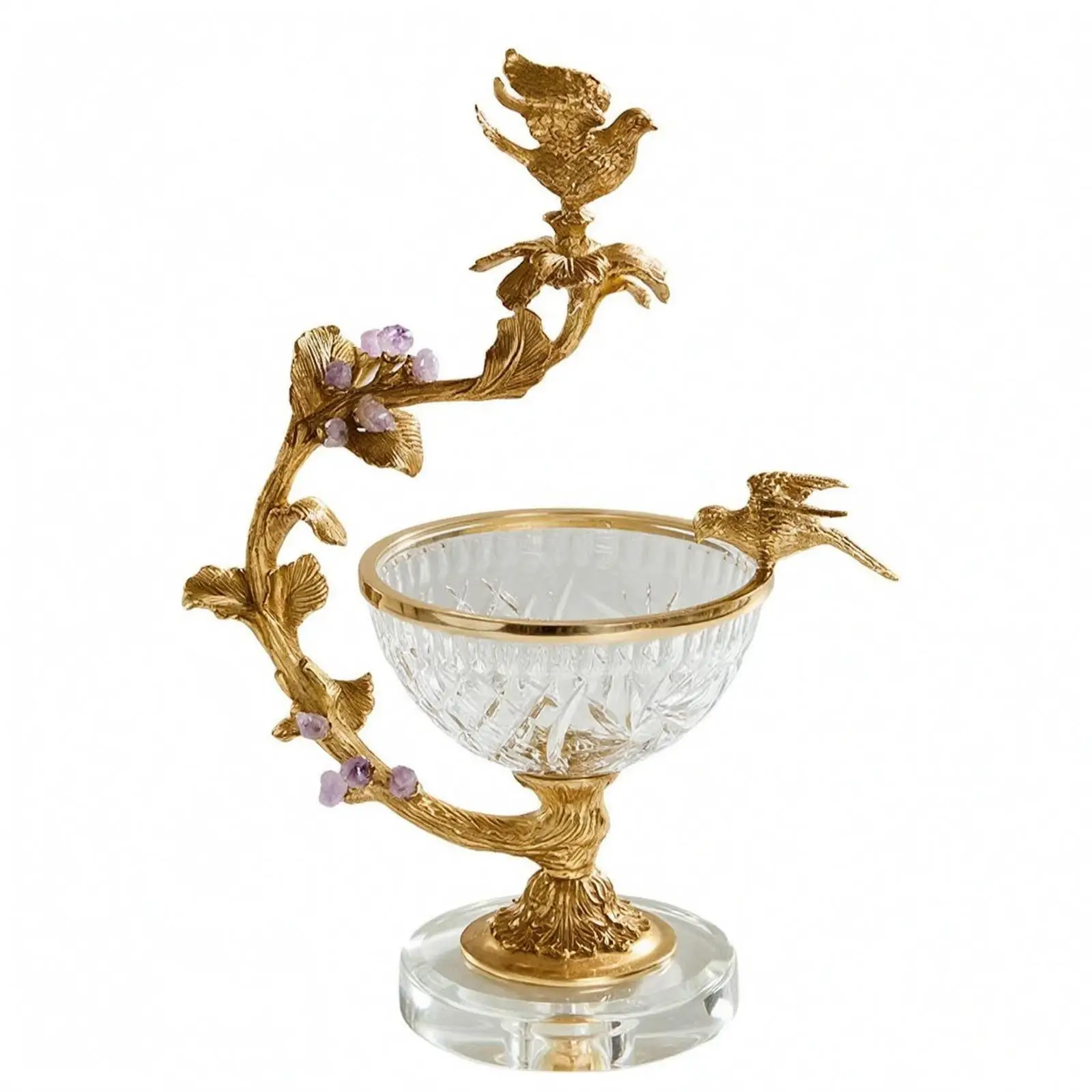 Crystal Fruit Basket Bird and Vine and Bird Motif Ornate Crystal Basket Faceted