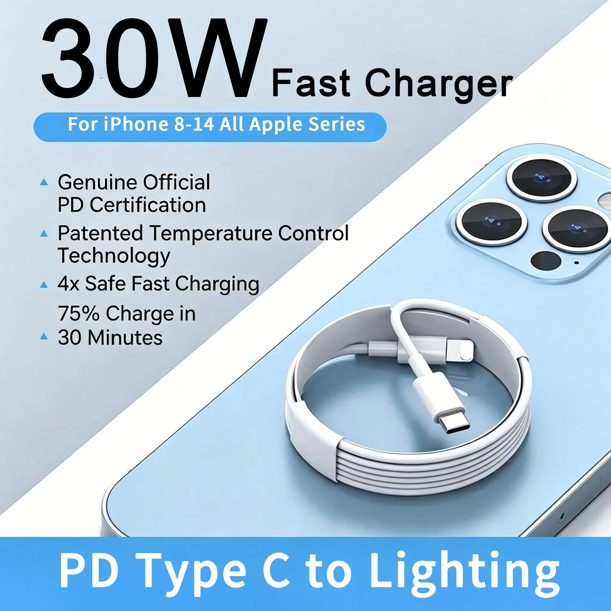 

30W PD USB C to Lighting Fast Charger Cable For Apple iPhone 14 13 12 11 Pro Max X Plus iPad Data Sync Line TYPE C To Lighting