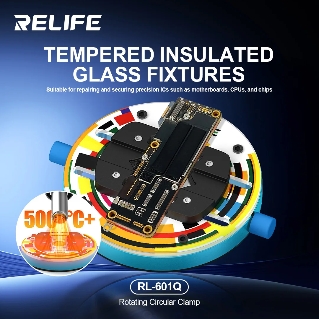 

RELIFE RL-601Q Вращающийся круглый зажим Стеклянные светильники с закаленной изоляцией Прочная совместимость Многофункциональное приспособление для ремонта телефона