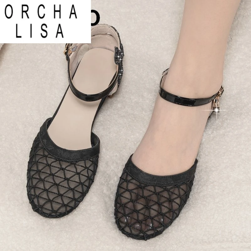 

ORCHA LISA Design Женские сандалии с круглым носком на блочном каблуке 4,5 см с пряжкой и ремешком из дышащей сетки с кристаллами, большие размеры 41, 42, 43 летние туфли