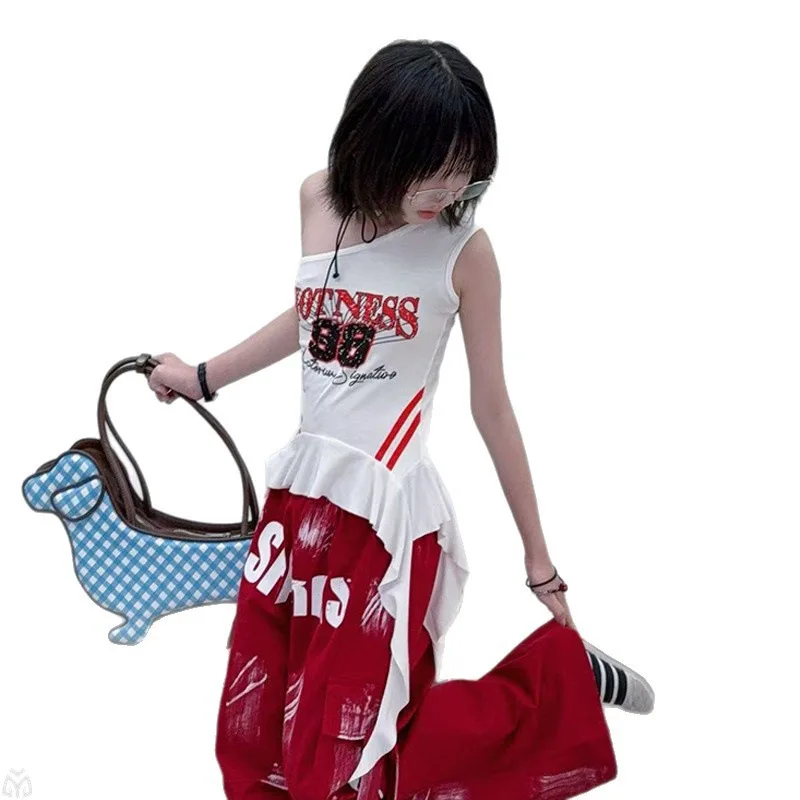 Hip Hop Girls One-shoulder Tank Top Ribbon Street Dance Cargo Pants Kids Streetwear Children Jazz Costume Girl Group Clothes Set