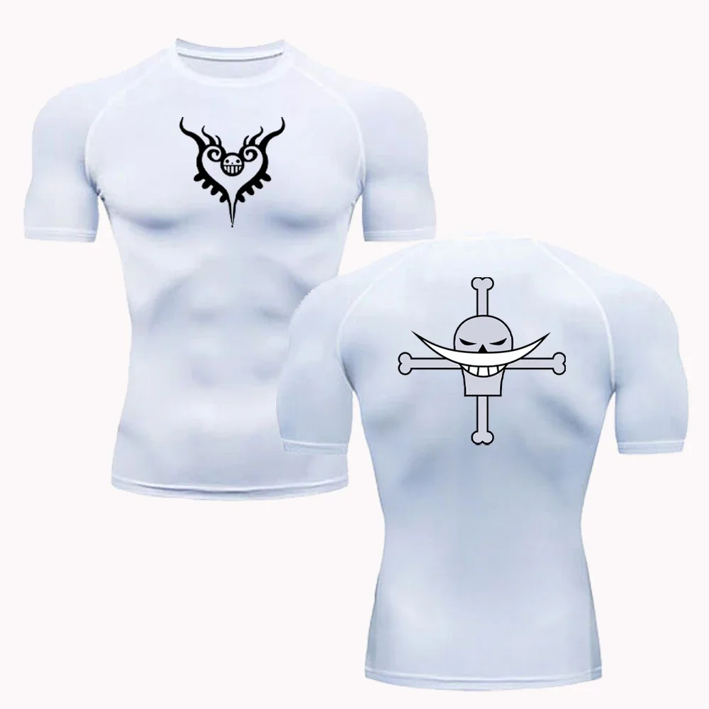 NEW One Piece Ace White Bearded Pirate Flag Printed T-shirt for Men's Anime Fitness Gym Quick Drying Sports Top