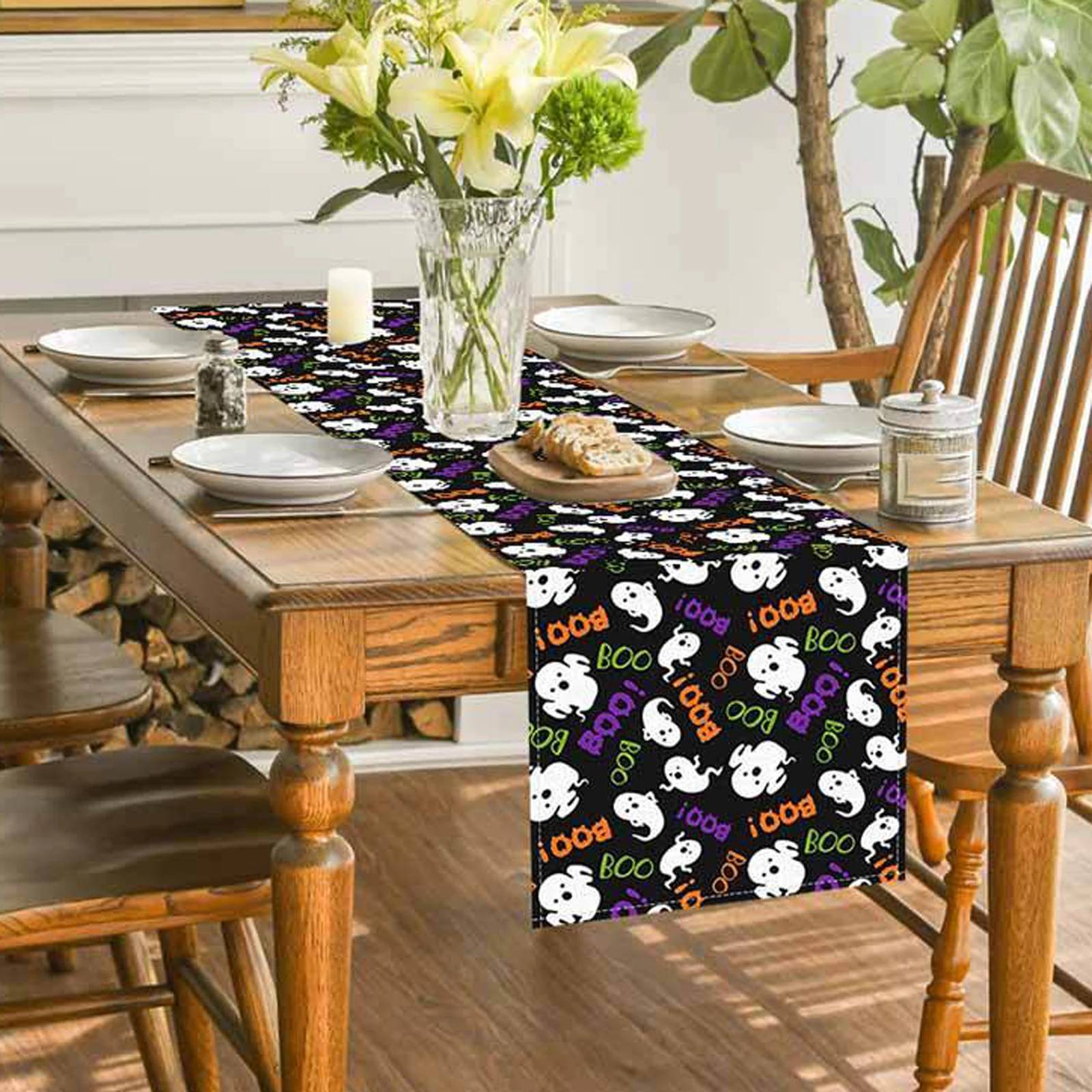 Halloween Table Runner Ghost Letter Pattern Black Halloween Linen Table Mat for Party Holiday Home Decor