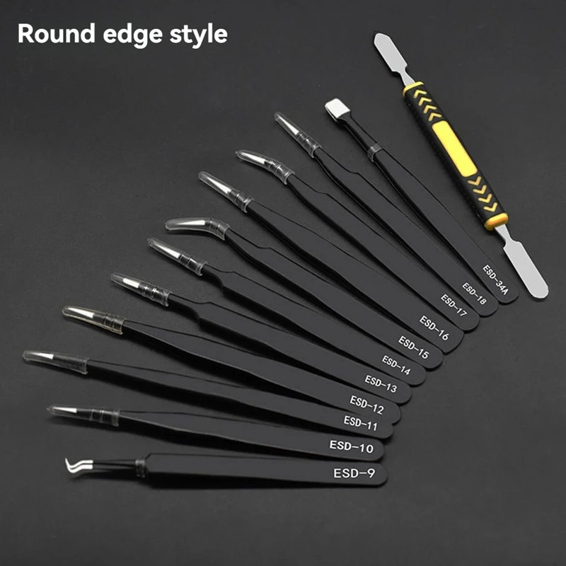 Anti-Static 12Pcs/Set Curved Straight Tweezers ESD Tweezers Stainless Steel Industrial Repair Tools