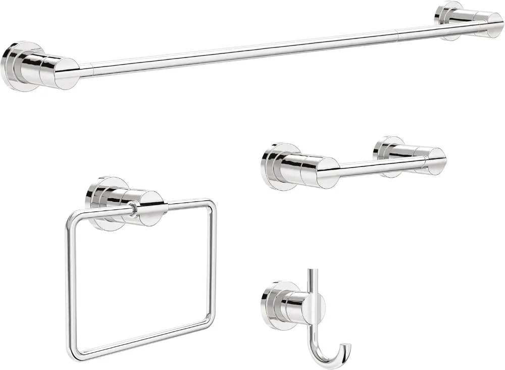 

4-Piece Bath Hardware Set with Towel Bar, Toilet Paper Holder, Ring & Hook in Polished Chrome, 18-24 in.