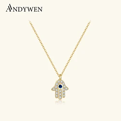 ANDYWEN 925 Sterling Silver Hamsa Hand Pendant Necklace Gold Long Chain Fashion Jewelry Party Jewels Luxury ZIrcon CZ Wedding
