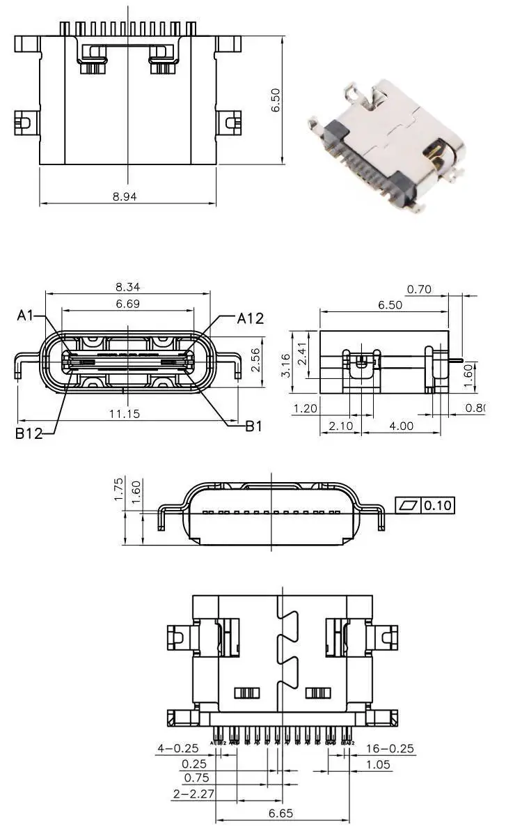 2 Stück Typ-C Buchse Direktstecker SMD USB 3.1 Anschluss 6/16/24P Hochleistungs-Übertragungsschnittstelle Schnellladeanschluss – Detail 9