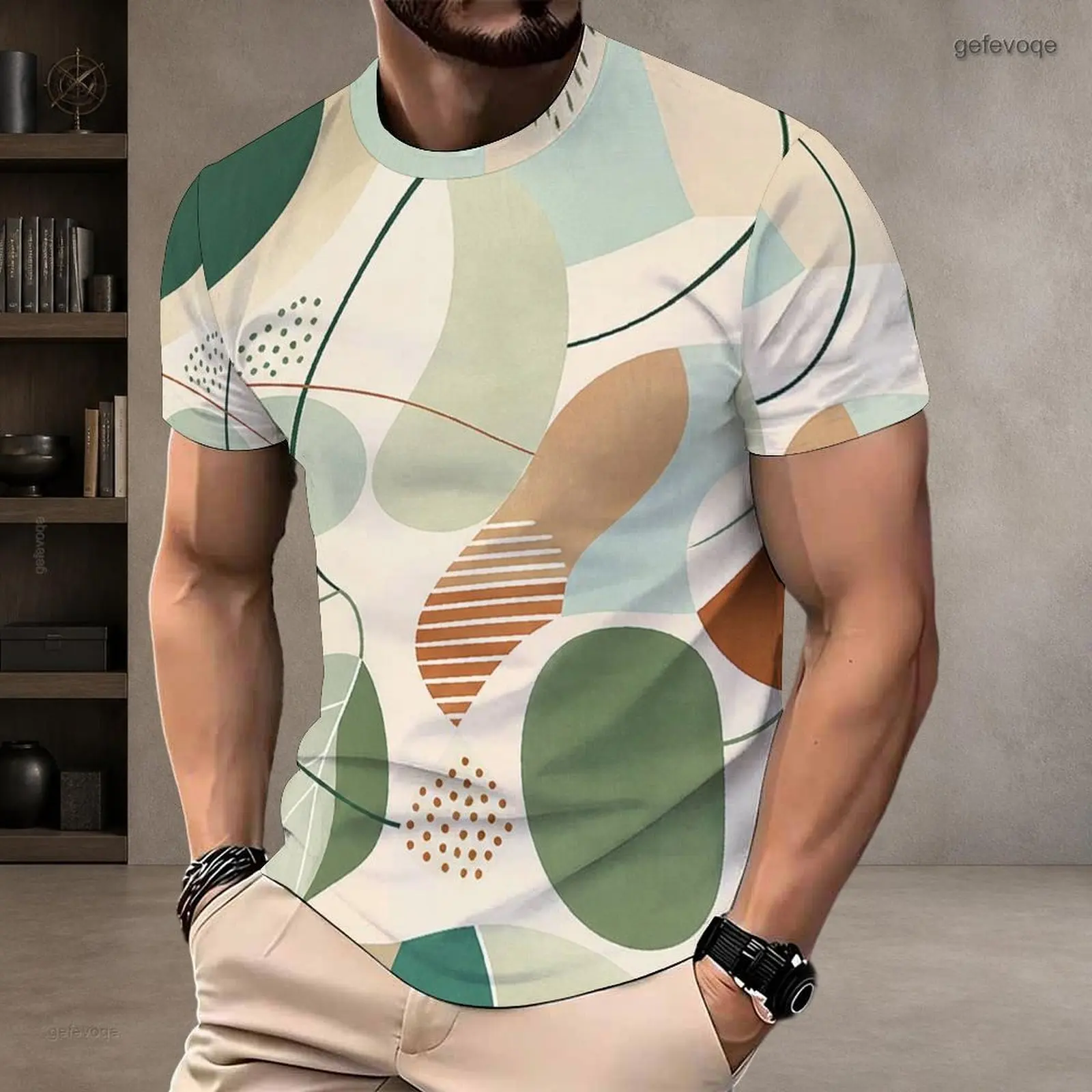 Men Green Light Blue Beige Orange Abstract Geometric Printed Round Neck Short Sleeve T-Shirt