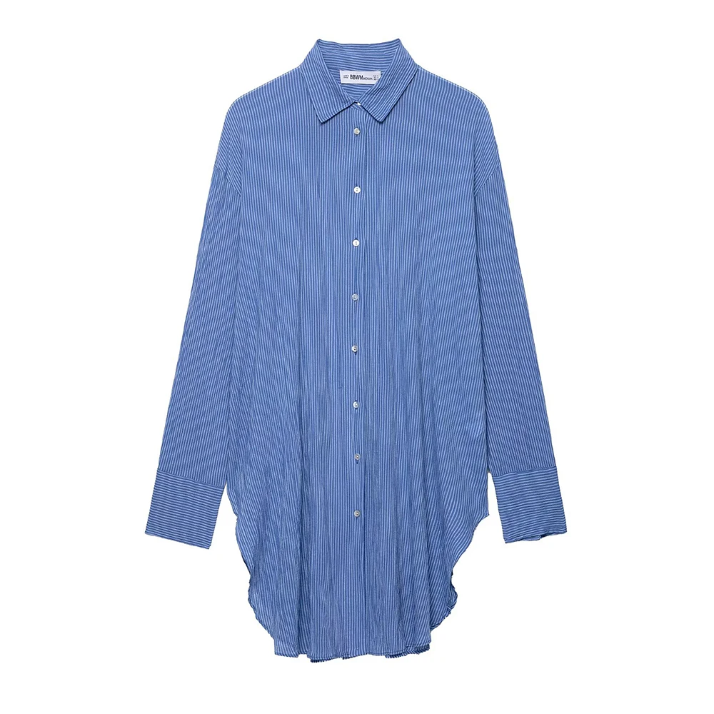 

2025 Fashion Women's Clothing New European and American Versatile Long Sleeve Collar Striped Long Shirt for Women