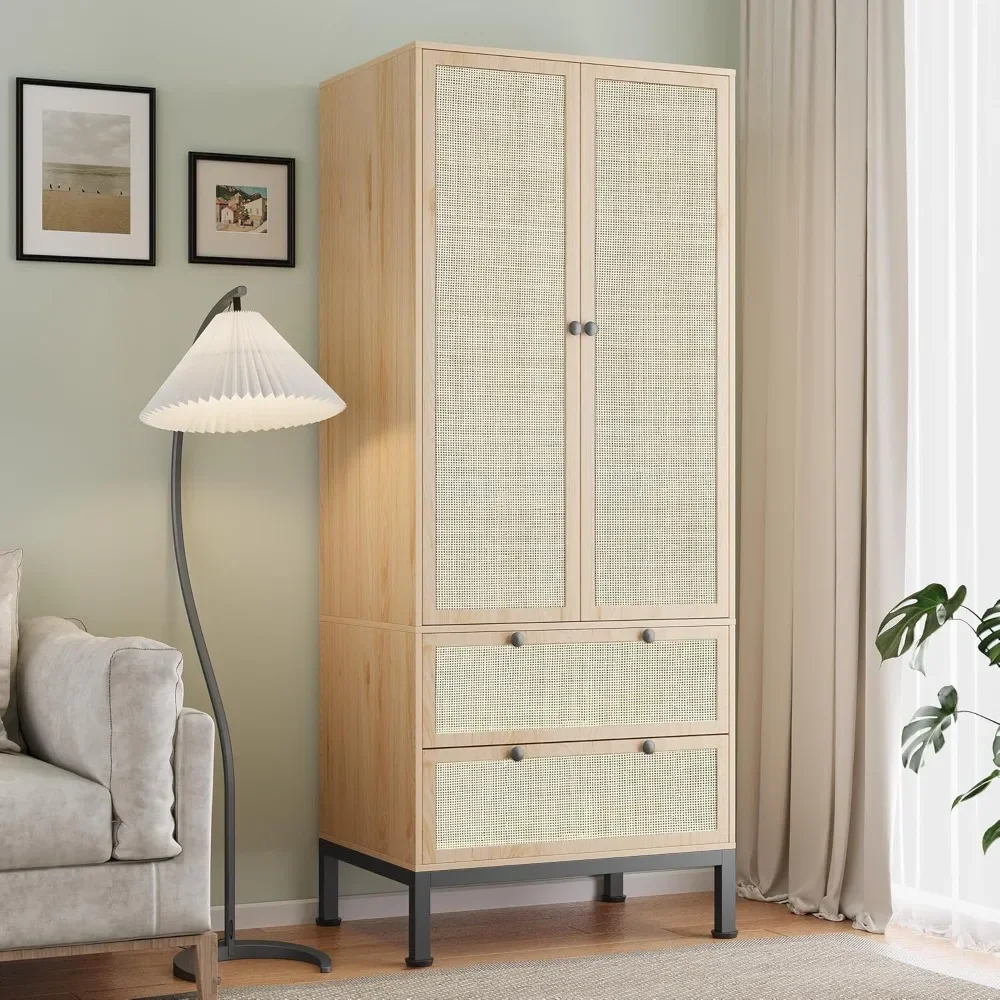 Natural rattan wardrobe, 74 high wardrobe wardrobe with doors, adjustable shelves and drawers, large wooden wardrobe