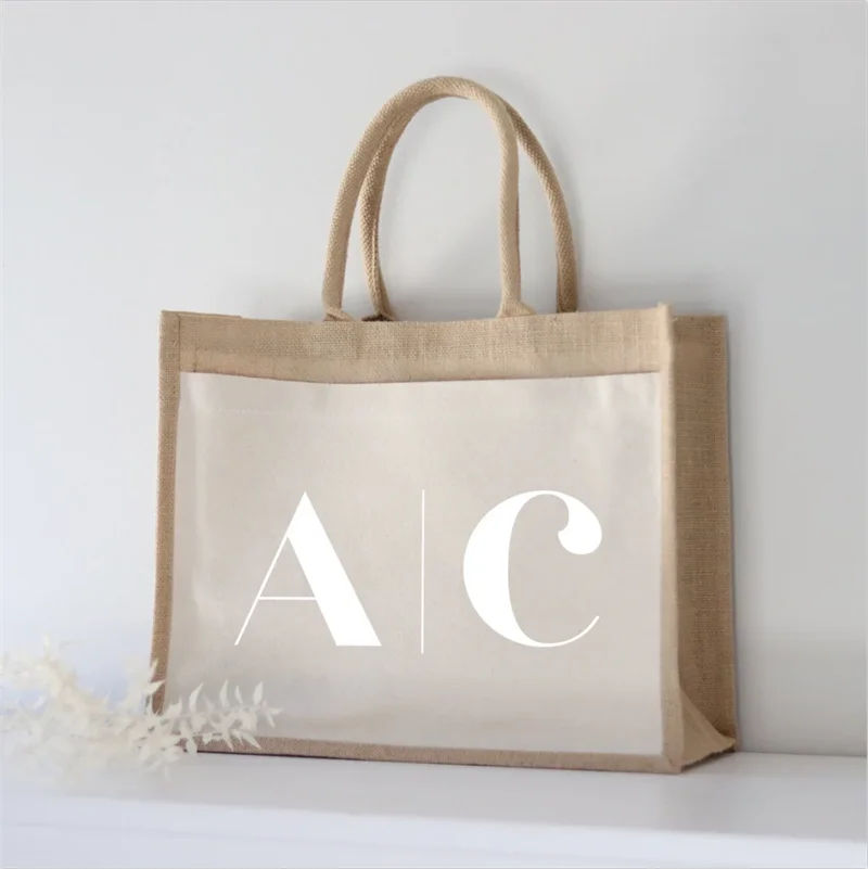 Personalized Burlap Bag Two Initials | Market Bag | Wedding Gift Bag| Custom Jute Bags | Shopping Bag | Tote Bag For Bridesmaids