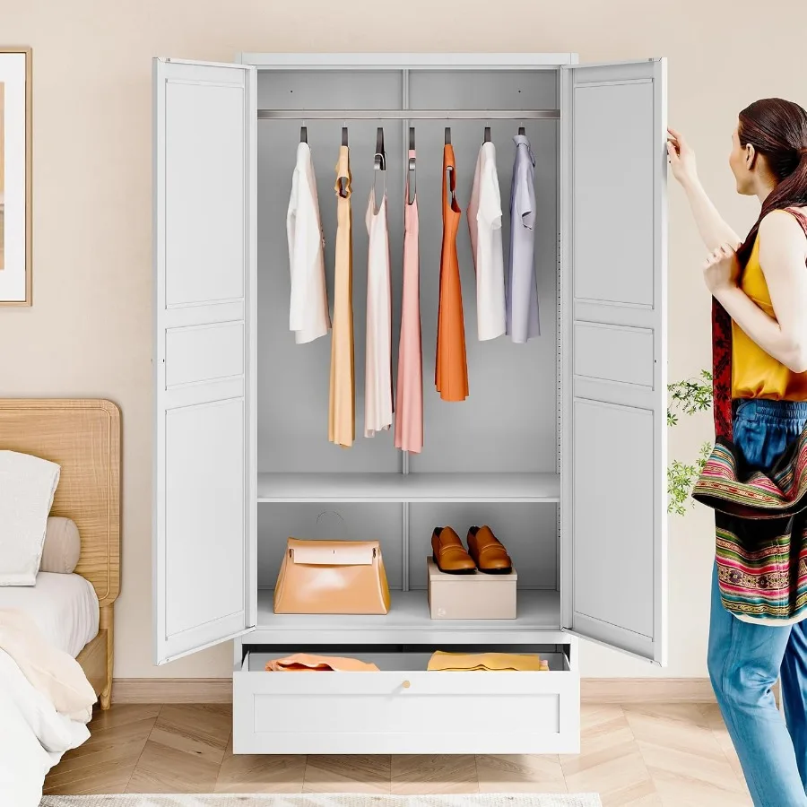 Metal Armoire Wardrobe Closet with 2 Doors and 72'' Tall Cabinet Featuring Adjustable Shelves Hanging Rail and Integrated Drawe