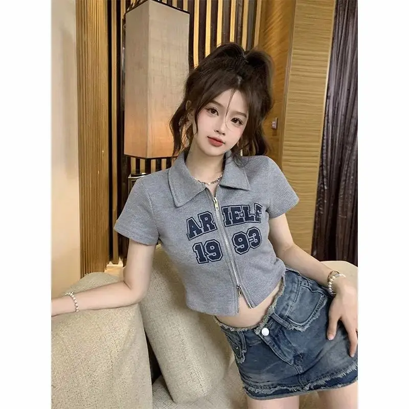 Women's Short Sleeve  Neck T-shirt Zipper Closure Printed Slim Fit Summer Fashion Korean Style Breathable Polyester