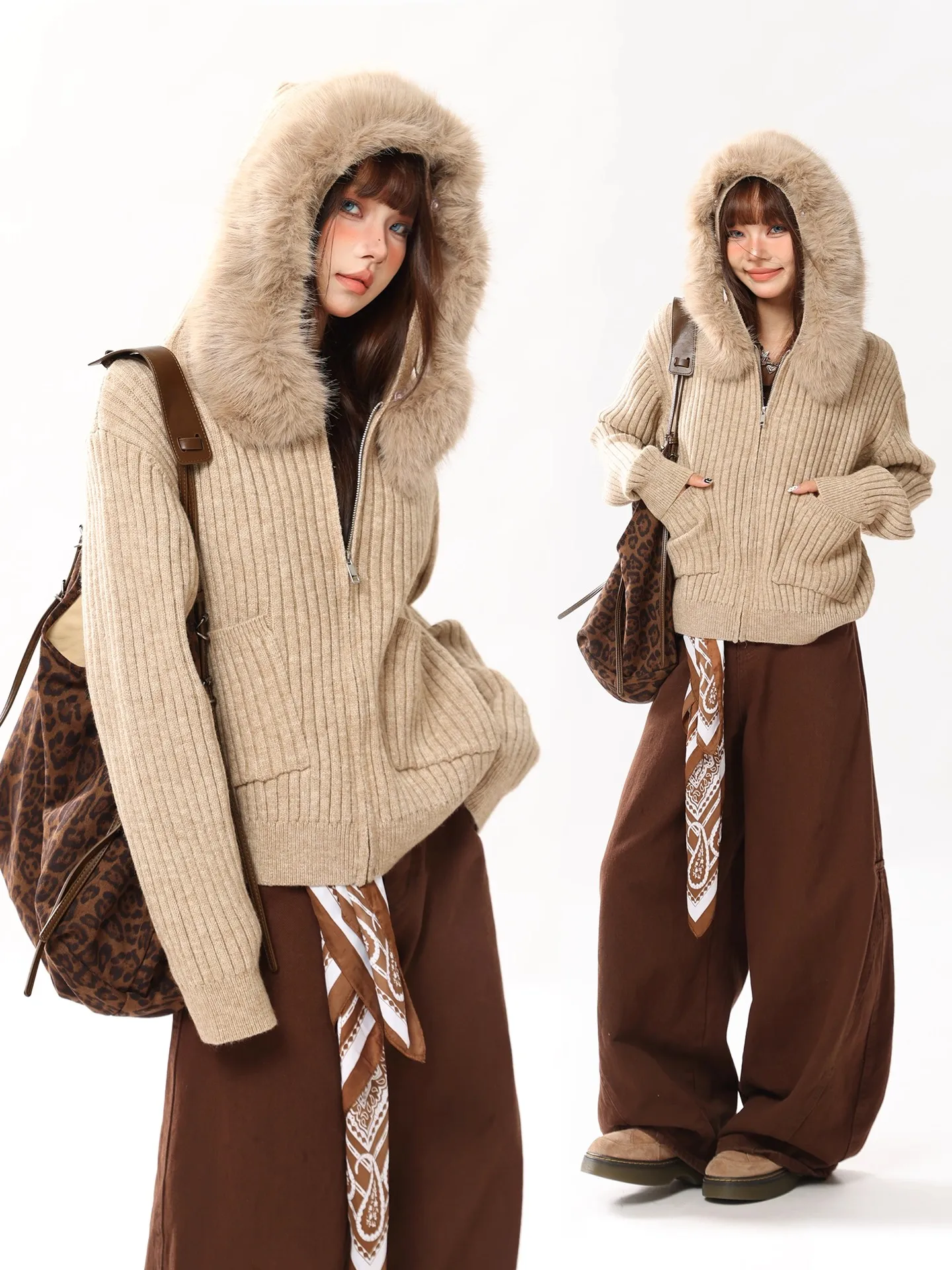 Removable sweater collar hooded cardigan sweater jacket women's autumn and winter new lazy wind short knitted sweater top