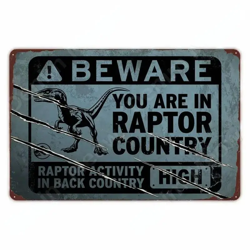 FJ Metal Tin Signs Beware of Raptor Funny Posters Slow Down Sign Garden Home Wall Outdoor Zoo Plaque Dinosaur Decor