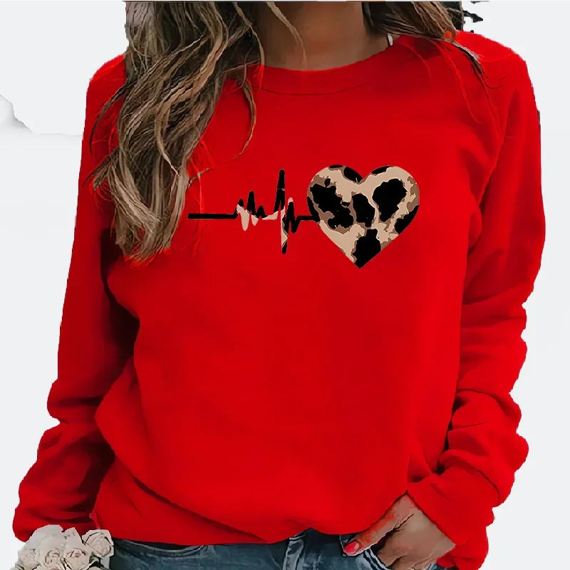 Women's Fashion Leopard Print Love Print Fleece Long-sleeved Crew-neck Hoodie Streetwear Women  Sweatshirt  Aesthetic