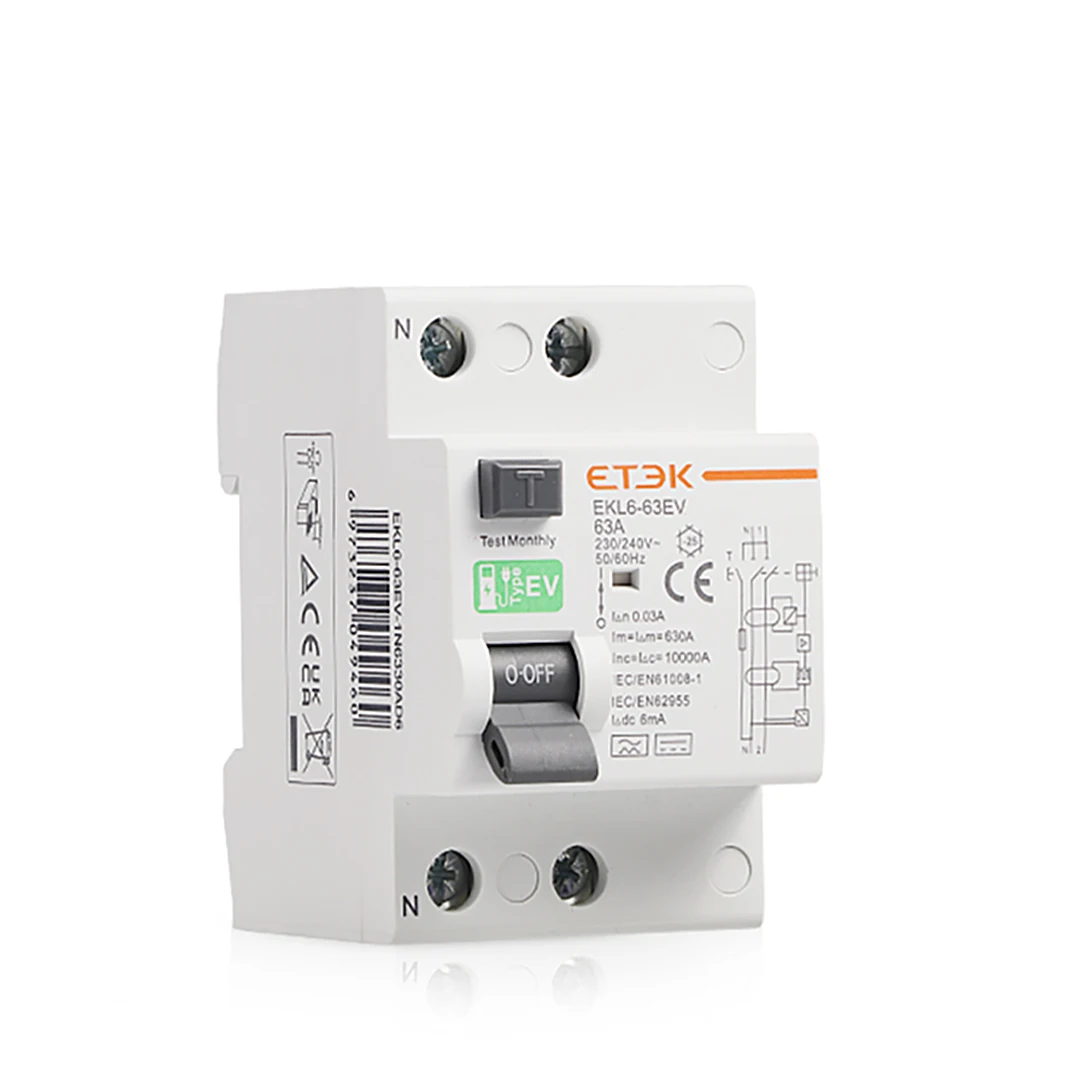 ETEK RCCB Type EV 2P  Earth Leakage Circuit Breakers for Car Evse Chargeing Station RCD 40A 30ma EKL6-63EV 10KA Din Rail