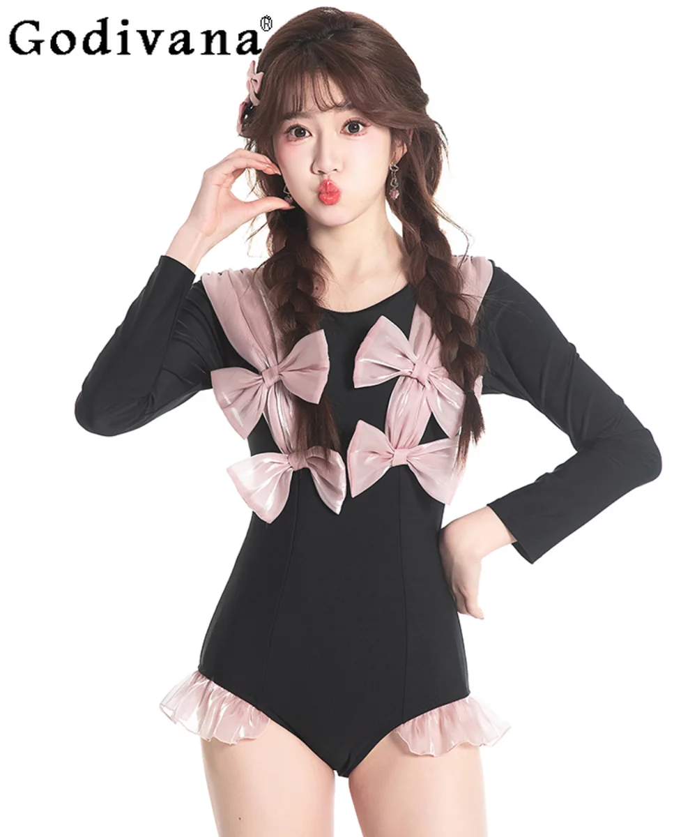 Original Design Bow Black One-Piece Casual Swimsuit Women Long Sleeve Conservative Swimwear Girly Sweet Y2k Summer  Bathing Suit