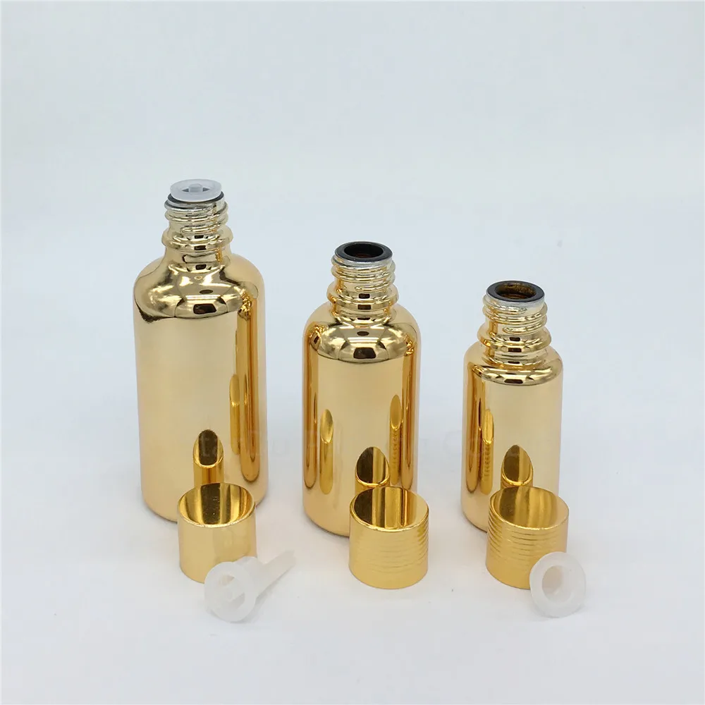 

10ml 15ml 20ml 30ML 50ml 100ml Gold Glass Bottle Vials Essential Oil Bottle With Screw Cap Plug Perfume Bottles 480pcs/lot