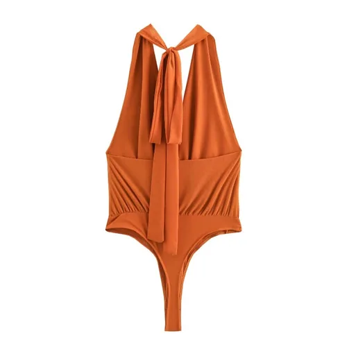 Imagen 2 del producto - Body con fular de tul para mujer, escote en V, sin mangas, estampado de leopardo, cuello halter con bufanda larga, cierre de botones en la parte inferior, tops de primavera y verano, nuevo y elegante body