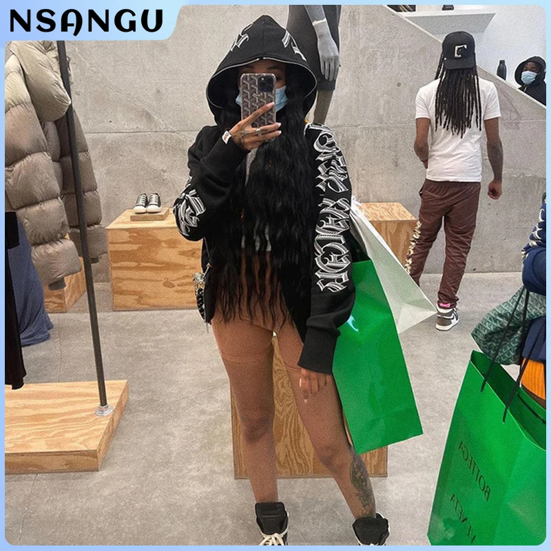 New 2023 Winter Letter Printed Zip Up Hoodie Streetwear Women Cyber Y2k Jackets Cardigan Gothic Punk Clothes Sweatshirts