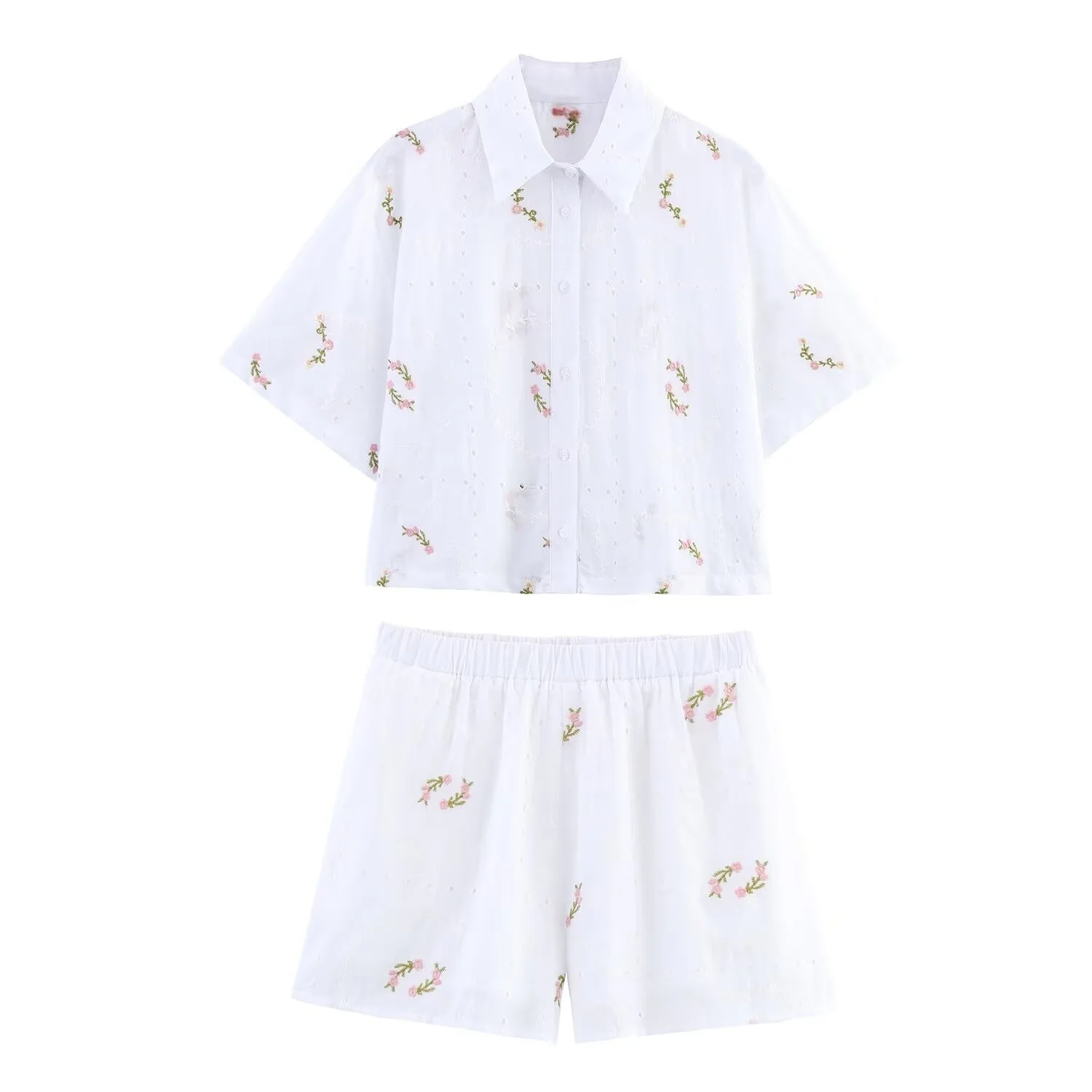 

MYST&ZA2025 new summer women's casual fashion embroidered flower short-sleeved lapel shirt top + elastic waist shorts