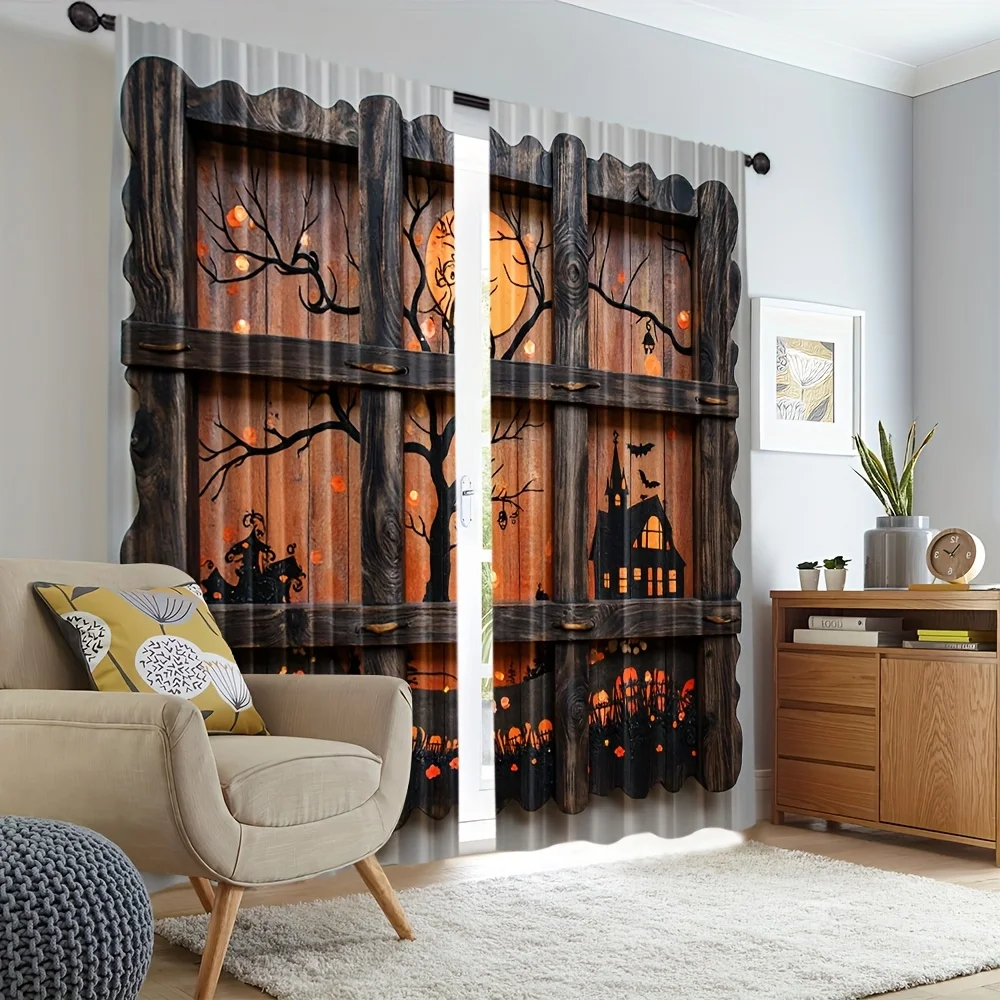 2PCS Halloween Haunted Forest Print Curtains, Wooden Frame Spooky House Pumpkin Pattern Window Drapes for Holiday Home Decor